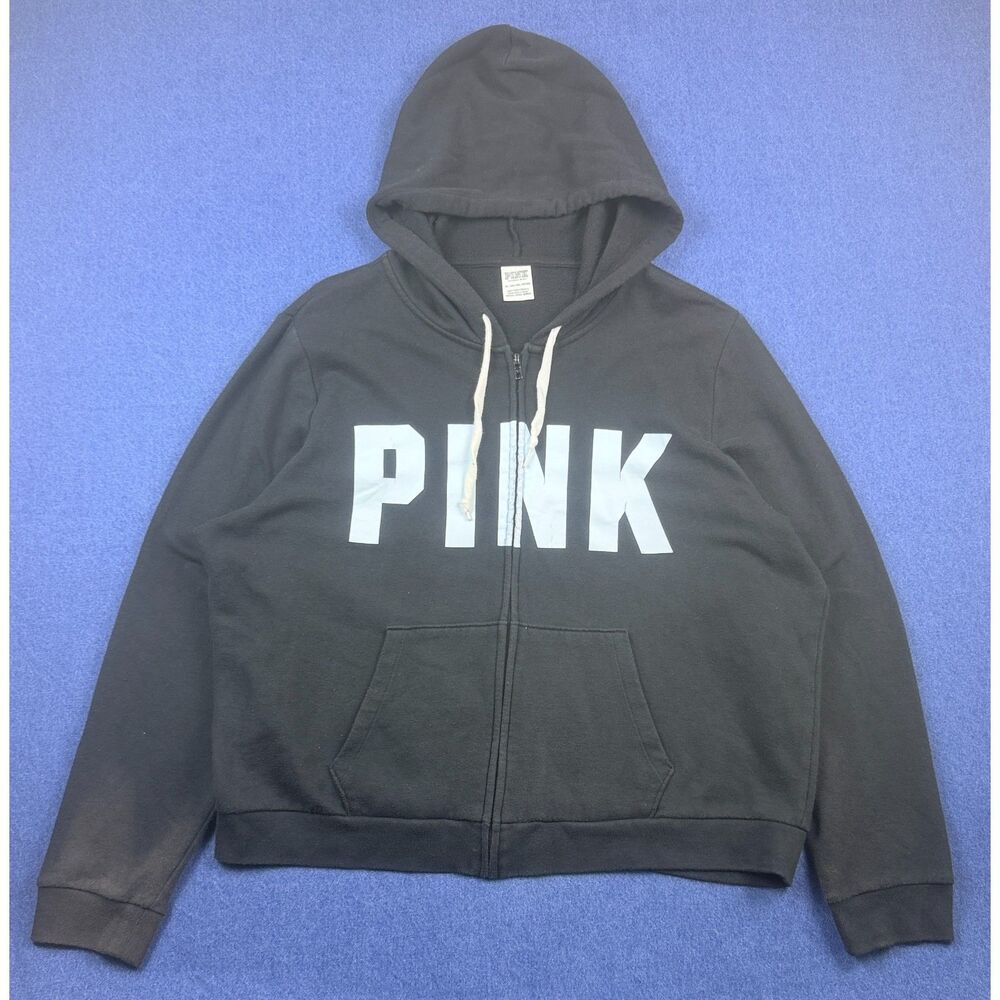 PINK Victoria's Secret Womens XXL Black Full Zip Logo Hoodie Sweatshirt